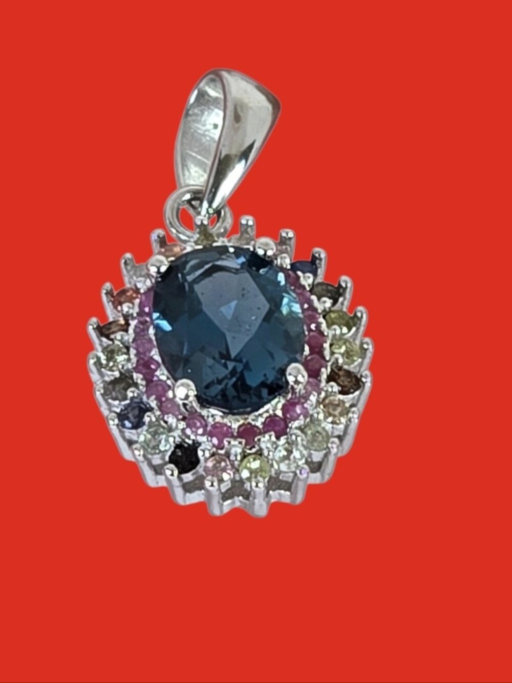 925 Sterling Silver Pendant with Natural London Blue Topaz, Ruby & Sapphire Gems